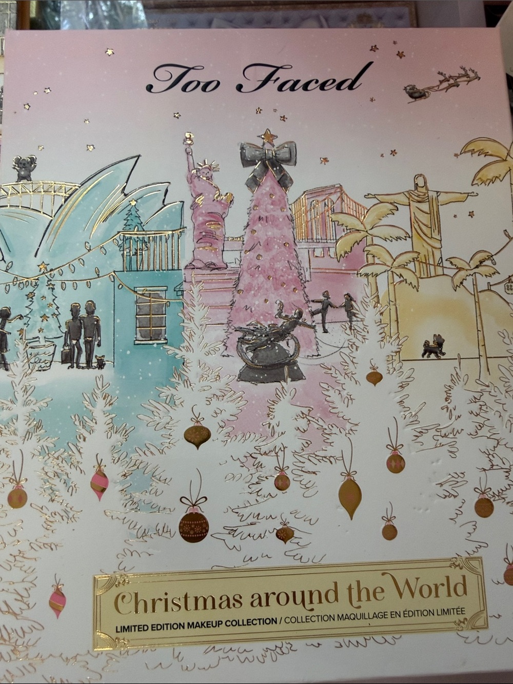 Too Faced Christmas Around the World Palette - Pink, Teal, Cream & Gold Accents